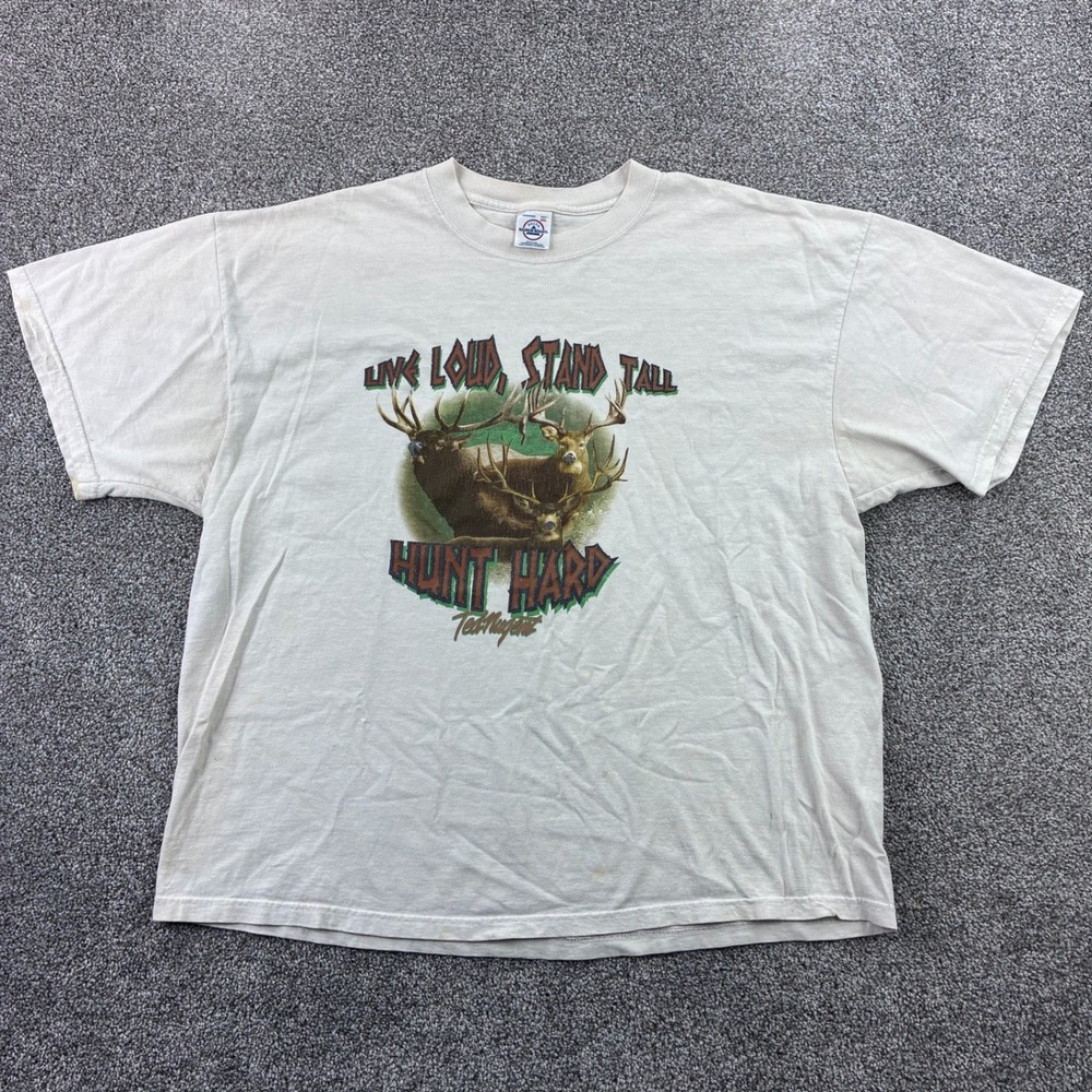 Vintage Ted Nugent Hunt Hard Shirt Mens 2XL White Deer Hunting Country‎ Music